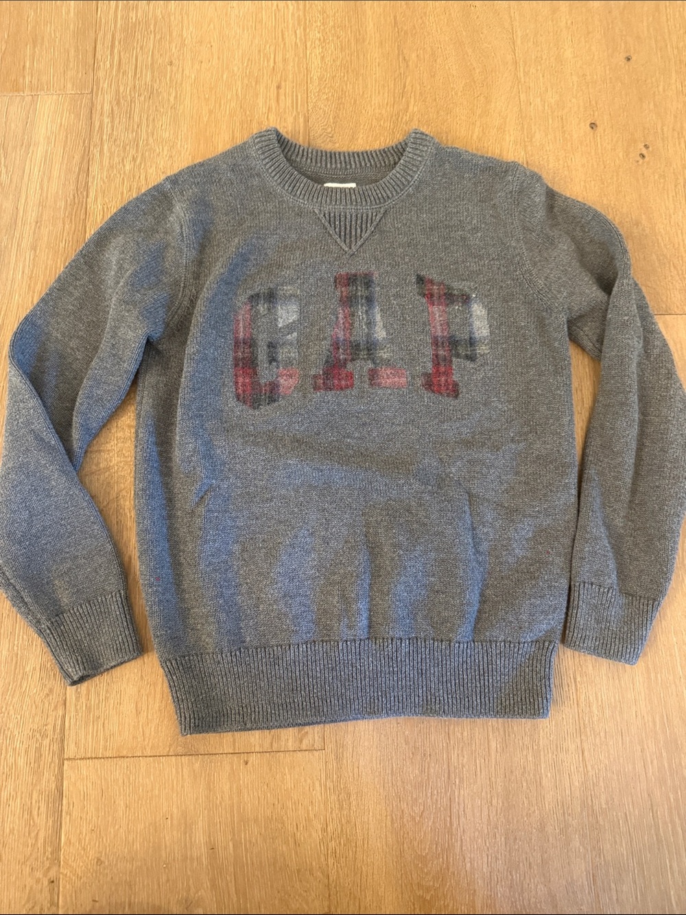 GAP Gray Plaid Logo Crewneck Sweater